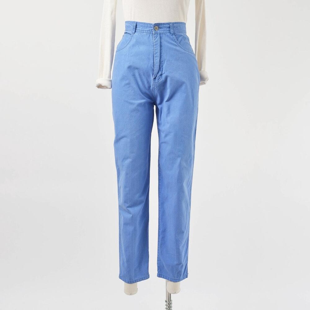 Vintage 80s Blue Cotton Pants High Waist Tapered Mom Pants Medium